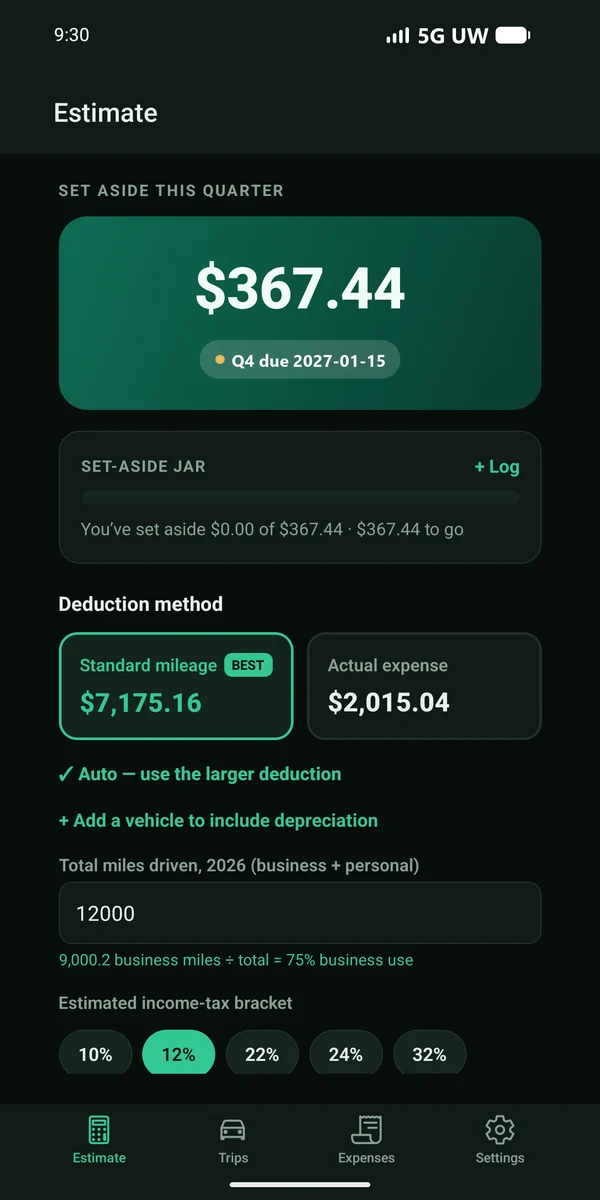 The Aside app's Estimate screen, showing a set-aside amount for the quarter and the deduction method comparison.